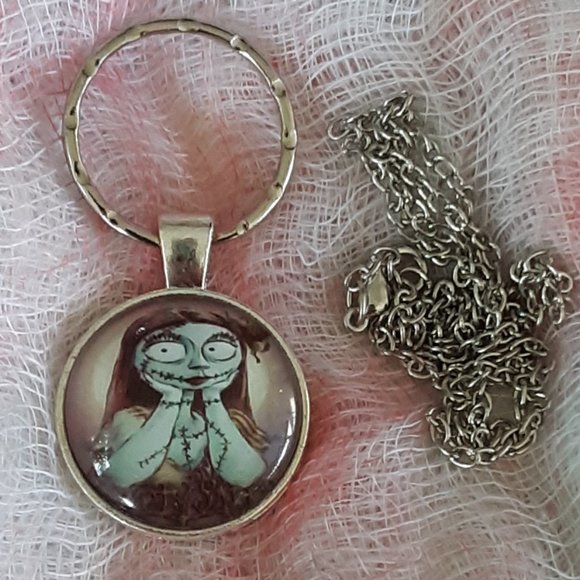 Sally Nightmare Before Christmas Cabochon Key Ring With Necklace Chain Halloween - Picture 2 of 5